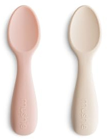 Mushie Baby Starter Spoons | BPA-Free Silicone Learning Spoons 2-Pack | Dishwasher Safe Durable Toddler Utensils | Blush/Shifting Sand