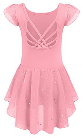 Arshiner Vestito da Balletto Vestito da Balletto per Ragazze Body da Balletto in Cotone Maniche Corte Abbigliamento da Balletto Body da Danza Incrociato con Cinturini Rosa Scuro con tutù 9-10 Anni
