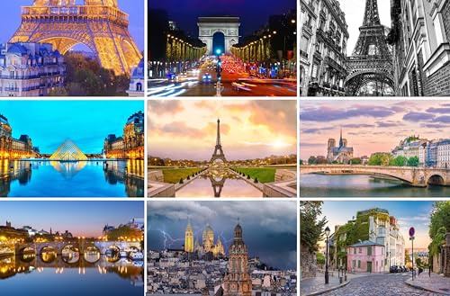 Set di cartoline Parigi: 9 carte singole (cartoline) – foto tra cui Torre Eiffel, Sacre-Coeur, Montmatre, Louvre, Notre Dame, Arc de Triomphe – foto/immagini/souvenir dalla Francia