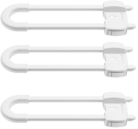 LRANFOW 3 Pack U-Shaped Baby Proof Cabinet Locks No Drilling Required, Adjustable Child Safety Latches for Cabinets Drawers Kitchen Doors, White