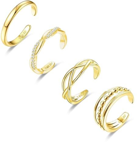 LOFITOR 4 st guld tåringar för kvinnor justerbara 14K guldfyllda tåringar set enkla söta tunna band Hawaiian strand sommar fot smycken vattentäta silver tåringar, One Size, Metall, Kubisk zirkonia