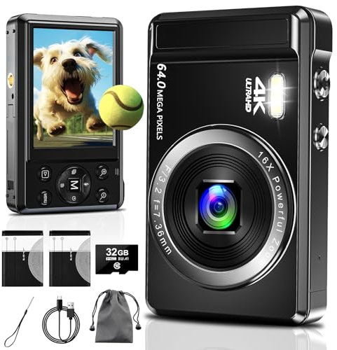 Digital Camera, 4K 64MP Compact Camera with 16X Digital Zoom & Auto-focus, Rechargeable Vlogging Camera with 2 Batteries & 32GB SD Card, Portable Vintage Camera for Teens Students Kids Boys Girls