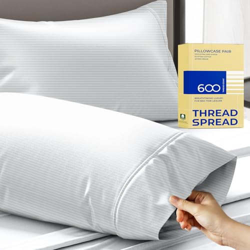 THREAD SPREAD 100% Egyptian Cotton Pillow Cases - 600 Thread Count Pillowcases Queen/Standard Size Set of 2, Breathable Extra Long Staple Sateen Weave Cotton Pillow Covers for Bed - Silver Stripe