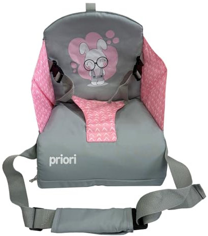 Priori Baby Albi Trona Portátil Bebé Plegable – Silla Elevadora de Viaje con Arnés de 3 Puntos, Ligera, Compacta y Fácil de Limpiar, Para Comidas en Casa Restaurantes y Vacaciones Hasta 15 kg (Rosa)