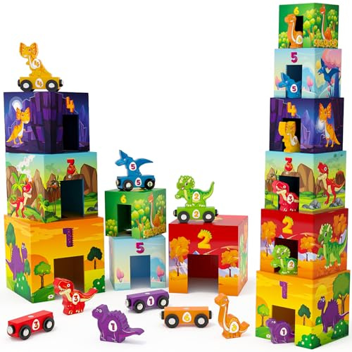 Atoylink Dinosaurio Cubos Apilables Bebe, Juguetes Montessori de Madera con 6 Cubos Apilables & 6 Dinosaurio & 6 Tren Juguete, Juegos Educativos Aprender a Contar, Regalo para Niñas Niños (B)