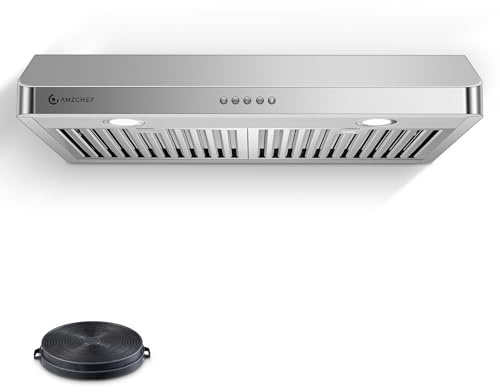AMZCHEF Under Cabinet Range Hood 30 Inch, 750CFM Stainless Steel Kitchen Stove Vent Hood 3 Speed Exhaust Fan Button Control LED lights Dishwasher-Safe Baffle Filters Three Outlet Design
