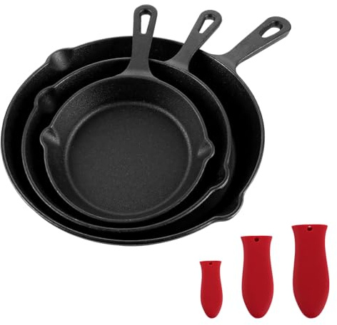 STARVAST Lot de 3 poêles à griller en fonte avec poignée - Poêle à steak pré-cuite - Poêle à frire - Cast Iron Pan - Pour barbecue à gaz, four, barbecue à charbon