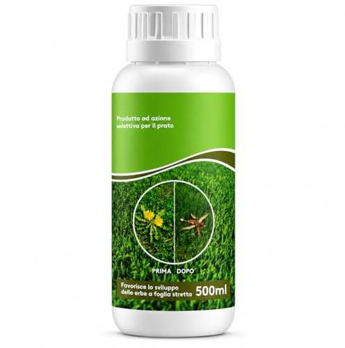 Diserbante Naturale Selettivo e Rinverdente Prato 500ml - Erbicida Foglia Larga per Tappeto Erboso - Ferro Chelato HEDTA Azione Rapida - Concime Liquido contro Infestanti e Muschio