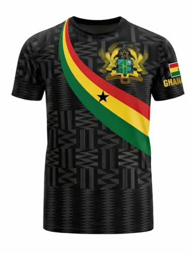 Ghana Kente Jersey, Black Star Football Fan Traditional African Print T-Shirt with National Coat of Arms and Flag Design -Black Kente