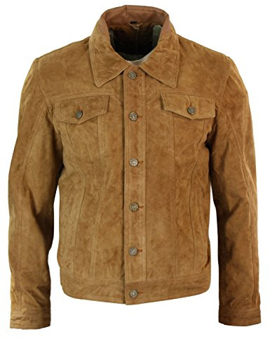 Giacca Corta Denim da Uomo Scamosciata in Vera Pelle Vintage Casual nocciola-marrone l