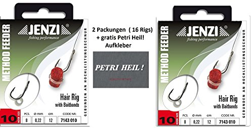 Set: 2 Packung (16 Rigs) Method Feeder Hair Rig von Jenzi mit Gummi Band/Quick Stop, Hakengröße 8, 10, 12 - Länge 12 cm +gratis Petri Heil! Aufkleber (Gummiband Hakengröße 10)
