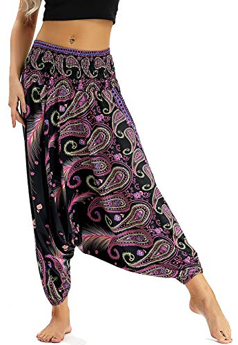 Nuofengkudu Damen Thai Hippie Pumphose Haremshose Aladinhose Gemustert Niedriger Schritt Leicht Luftig Sommerhose Violett Pfau B