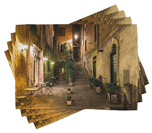ABAKUHAUS Italienisch Platzmatten, Old Cafe in Rom Stadt, Waschbare Stoff Esszimmer Küche Tischdekorations Digitaldruck, Hellgelb Grün