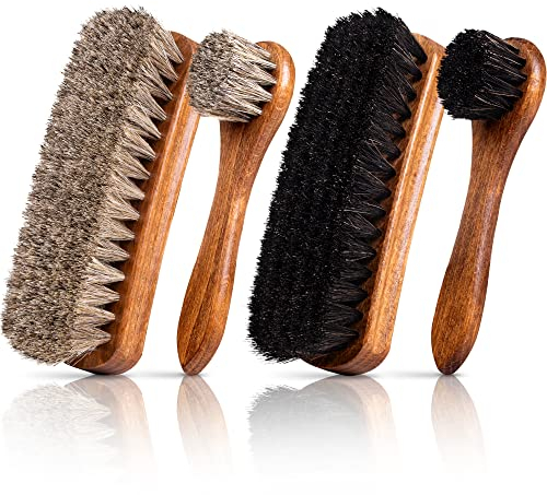 TIMELEOS Set di 4 spazzole per scarpe in crine di cavallo, di alta qualità, chiare e scure, realizzate in Germania