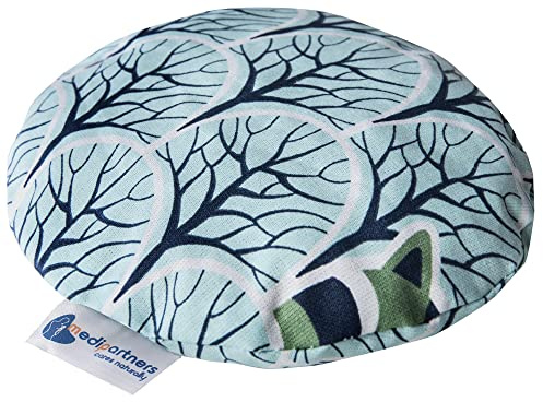 Medi Partners Coussin chauffant en noyaux de cerises pour bébé 180 g rond 15 cm 100% coton naturel chaleur + thérapie par le froid (Raton laveur dans les bois)