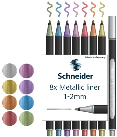 Schneider Paint-It Metallicliner 020 (Strichstärke 1-2 mm, hochmetallische Tinte, schnelltrocknend, Gehäuse aus 88% biobasiertem Kunststoff) 8er Etui sortiert
