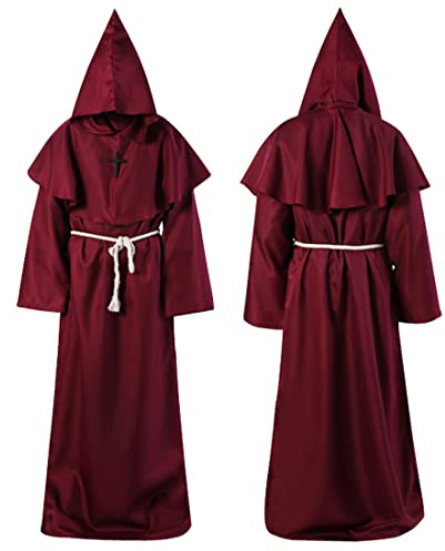 Wishstar Disfraz de Monje, XL Medieval Fraile Túnica, borgoña Halloween Prister Disfraz, Encapuchado Renacimiento Túnica con Cruz, Traje de Sacerdote para Halloween Carnaval Fiesta temática