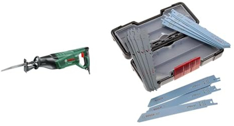 Bosch Home and Garden Säbelsäge (900 Watt, im Karton), PSA 900 E + 2 Sägeblätter + Professional 15tlg. Säbelsägeblatt Wood and Metal Set (für Holz und Metall, Toughbox, Zubehör Säbelsäge)