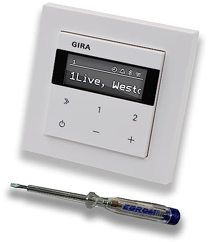 Gira Unterputz IP Internetradio 232003 + Bluetooth - E2 reinweiß glänzend mit 1fach Rahmen Gira 021129 inkl. EBROM Phasenprüfer zur Montage des Geräts
