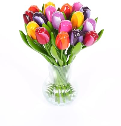 MomoMoments Tulpenstrauß aus Holz incl. Glas-Vase, 17 Holztulpen, 34 cm hoch, handbemalt, Blumenstrauß, Holzblumen, Frauengeschenk, Niederlande