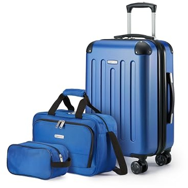 Amazon Basics Set di Valigie Rigide, 3 pezzi, Trolley, Borsa a mano, Borsa da viaggio compatta, Espandibili, 4 Ruote Girevoli, Blu Navy