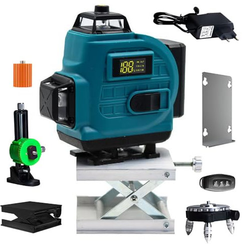 Nivel láser autonivelante azul 4x360°, láser astillero 4D 16 líneas, autonivelante y modo pulsado exterior, IP54 2, x batería, nivelación automática, soporte giratorio, mando a distancia