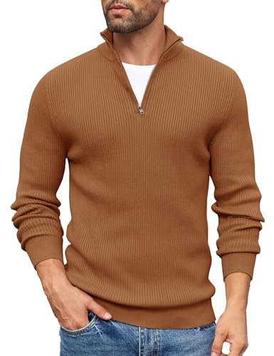 COOFANDY Maglione Uomo Invernali Collo Alto con Zip Pullover Giacca in Maglia Dolcevita Uomo Invernale Maglione Pullover Invernale Tenere Caldo Marrone Chiaro M