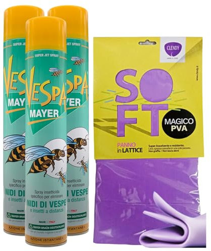 SET: 3x Spray Insetticida VESPA, Specifico Per Eliminare Nidi Di Vespe e Insetti a Distanza, Ad Azione Istantanea 750ml + Panno In Lattice SOFT, Formato 30x30