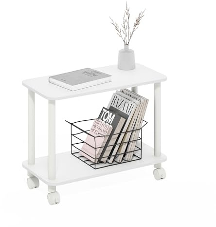 Furinno Turn-N-Tube Mesa Rectangular de 2 Niveles con Ruedas y Estante Abierto, mesita de Noche de Esquina Redonda sin Herramientas, para Sala de Estar o Dormitorio, Color Blanco