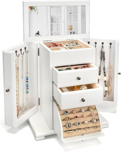 Emfogoo Portagioie Donna, Scatola Portagioie con 4 Strati e 1 Specchio, Porta Gioie Grande Legno da Camera per Collana Squillo Orecchini Braccialetto Occhiali (Bianco)