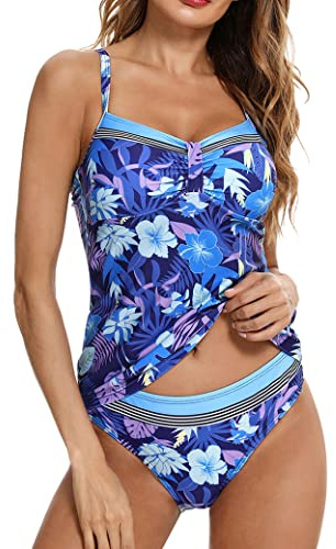 Aottori Donna Tankini Set Costume da Bagno a Due Pezzi Push up Beachwear Scollo a V Swimwear Sexy Canottiera e Pantaloncino per Mare Spiaggia Piscina Blu/Fiore L