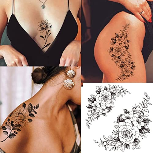 CharmeFleur 10 Blad 3D Svarta Blommor Ros Tidsbegränsade Tatueringar För Kvinnor, Vattenbeständig Falsk Kroppskonst Arm Skiss Tatueringssticker För Damer Flickor Tidsbegränsade Tatueringar Vuxna