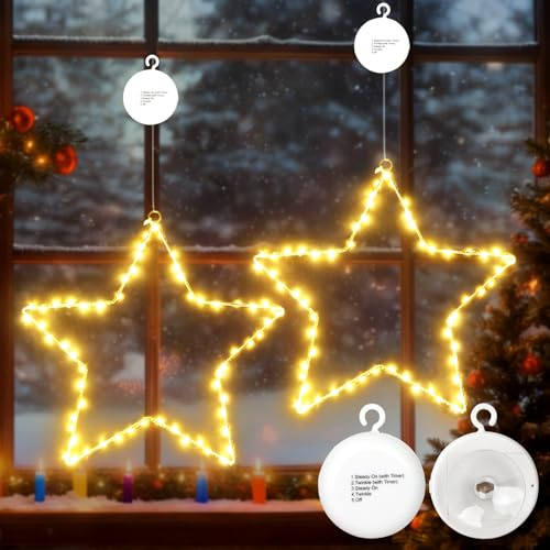 echosari 2 luces LED con estrellas decorativas para ventana, 120 ledes, batería, iluminación navideña con temporizador, ventosa con ganchos, estrella de Navidad, cadena de luces para interior y