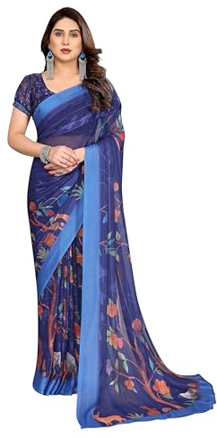 ETHNICMODE indien Sari For femme Printed Georgette Light Weight Jari Party Wear Blue Saree With Unstitched Blue Blouse Piece-1157