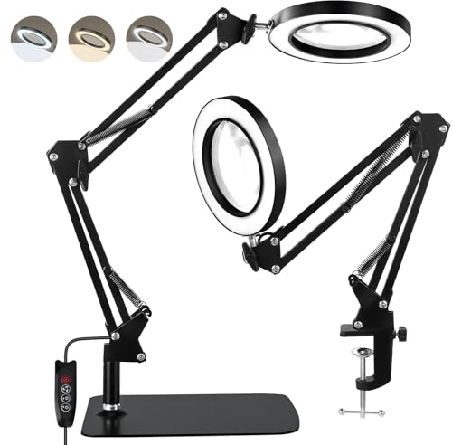 COVVY 10X/15X Magnifying Glass with Light and Stand, 3 Color Modes Lighted Magnifier Lamp,LED Magnifying Glass for Reading, Hobbies, Crafting, Sewing, Senior (10, x)