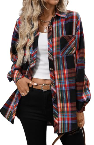 CHYRII Womens Oversized Flannel Shirts Button Down Long Sleeve Plaid Shirt Business Casual Blouse Top Black XL