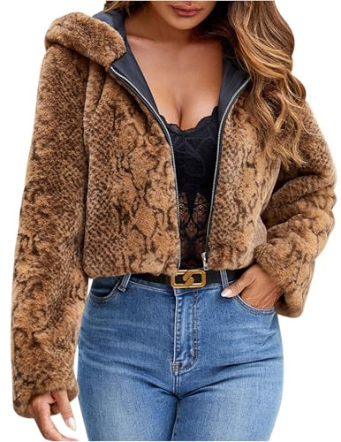 Wyongtao veste polaire femme court Zippé Manteau en Fausse Fourrure Mode imprimé léopard veste femme hiver a capuche Chaude Doux et confort blouson en Fausse Fourrure Polyvalent chic et Élégant
