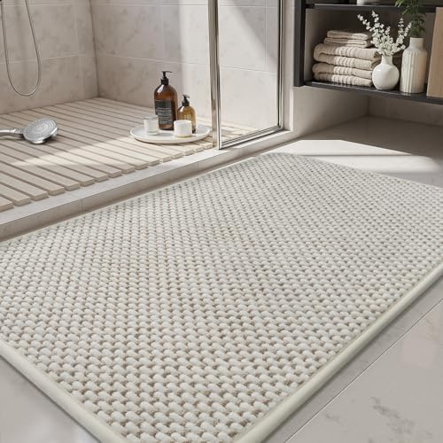 SIXHOME Tappeto Bagno 40 * 120cm in ciniglia Tappetino Antiscivolo,Assorbente con retro in gomma lavabile per bagno cucina lavanderia Bianco crema