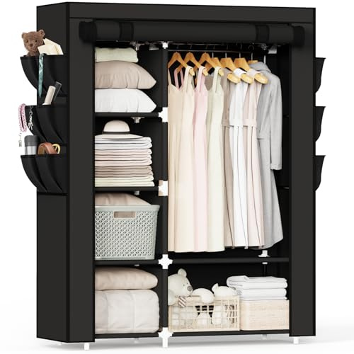 Mavivegue Fabric Wardrobe, 45 x 107 x 161 cm Portable Wardrobe, Foldable Closets with 6 Side Pockets, Black Closet for Bedroom,Living Room & Dorm