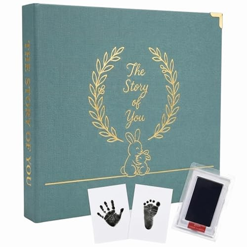 Baby Memory Book Keepsake Journal – First 5 Years, Gender Neutral, Newborn Photo Album & Milestone Book with Hand & Footprint Kit, Scrapbook Gift for Baby Shower (Green)