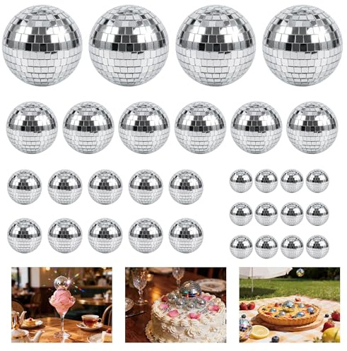 Disco Mirror Balls Cake Decoration,32pc Mini Mirror Disco Ball Set | 4 Sizes Shiny Ball Cake Topper,Reusable Hanging Reflective Balls Party Decorations for Birthday Cakes,Dance Floors