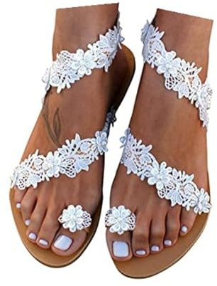 White Rhinestone Sandals For Women 2026,Pearl Sparkly Ankle Strappy Beach Sandal Clip Toe Ring Wedding Shoes For Bride Flat Comfortable Slip On Flip Flop Bling Dressy Summer Bohemian Slippers