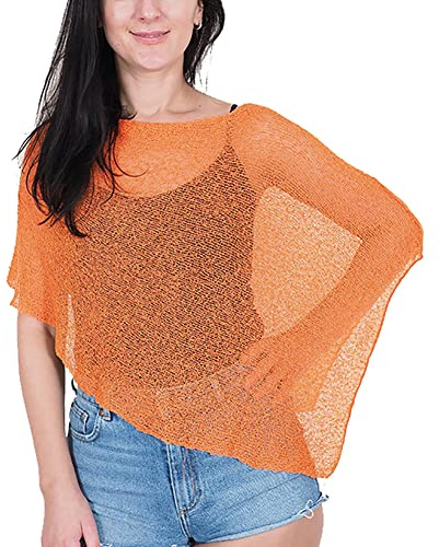Mimosa Ladies Plain Stretch Lace Fish Net Bali Crochet Batwing Small Poncho (One Size, Orange)