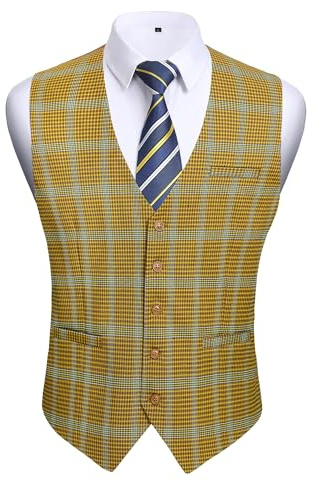 HISDERN Men's Suit Vest Formal Yellow Plaid Dress Waistcoat for Men Business Slim Fit Vests with 3 Pocket Vest for Suits or Tuxedo
