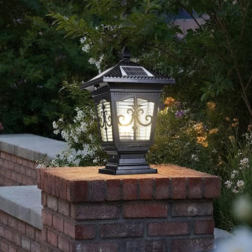 PTOUG LED Solar Post Cap Lamp, IP65 Waterproof Post Light Outdoor Remote Control Dimmable Pillar Lights Aluminum Outdoor Column Light, 17.3 X 9.8 Pillar Pedestal Lantern for Garden Fence