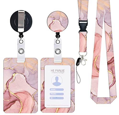 Porte Badge Carte Clés avec Cordon Tour de Cou Enfant Marbre Rose | Swivel Lobster Clasp avec Lanières Rétractables pour Cartes d'étudiant d'Identification d'Infirmière Caméra Femme Homme