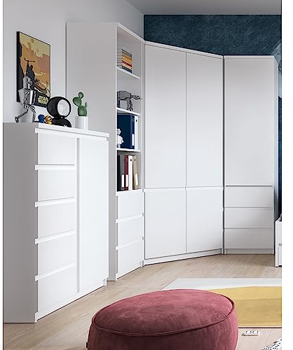 Lomadox Jugendzimmer Schrank Set 4-teilig mit Eckkleiderschrank, Highboard und 2 Regalschränke in weiß