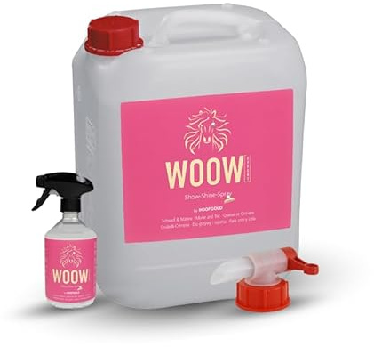HOOFGOLD WOOW - Spray para crines para caballos, spray brillante y spray de cola con efecto sorpresa, espray ligero para melena y cola, cuidado extra para frisos, Tinker, Haflinger, compatible con
