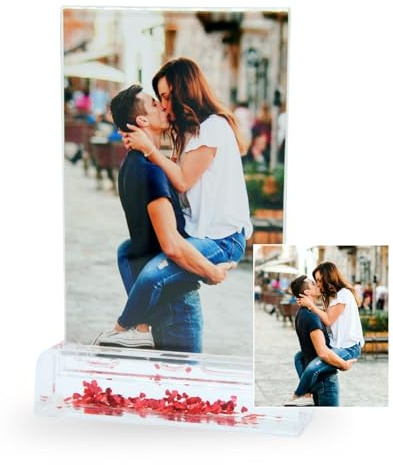Marco acrílico doble cara . Marco de fotos San Valentin con dos caras personalizadas. Peana con agua y purpurina de corazon. Marco de 10 x 15 cm. Regalo original pareja. 2 fotos personalizadas.