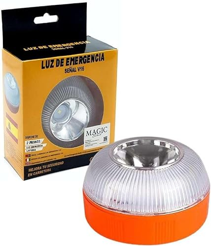 MAGIC SELECT Luz de Emergencia V16 para Señalización en Carretera de Coche y Moto. Luz Amarilla Intermitente y Blanca Fija con Encendido Automático, Base Imantada y Batería Recargable.